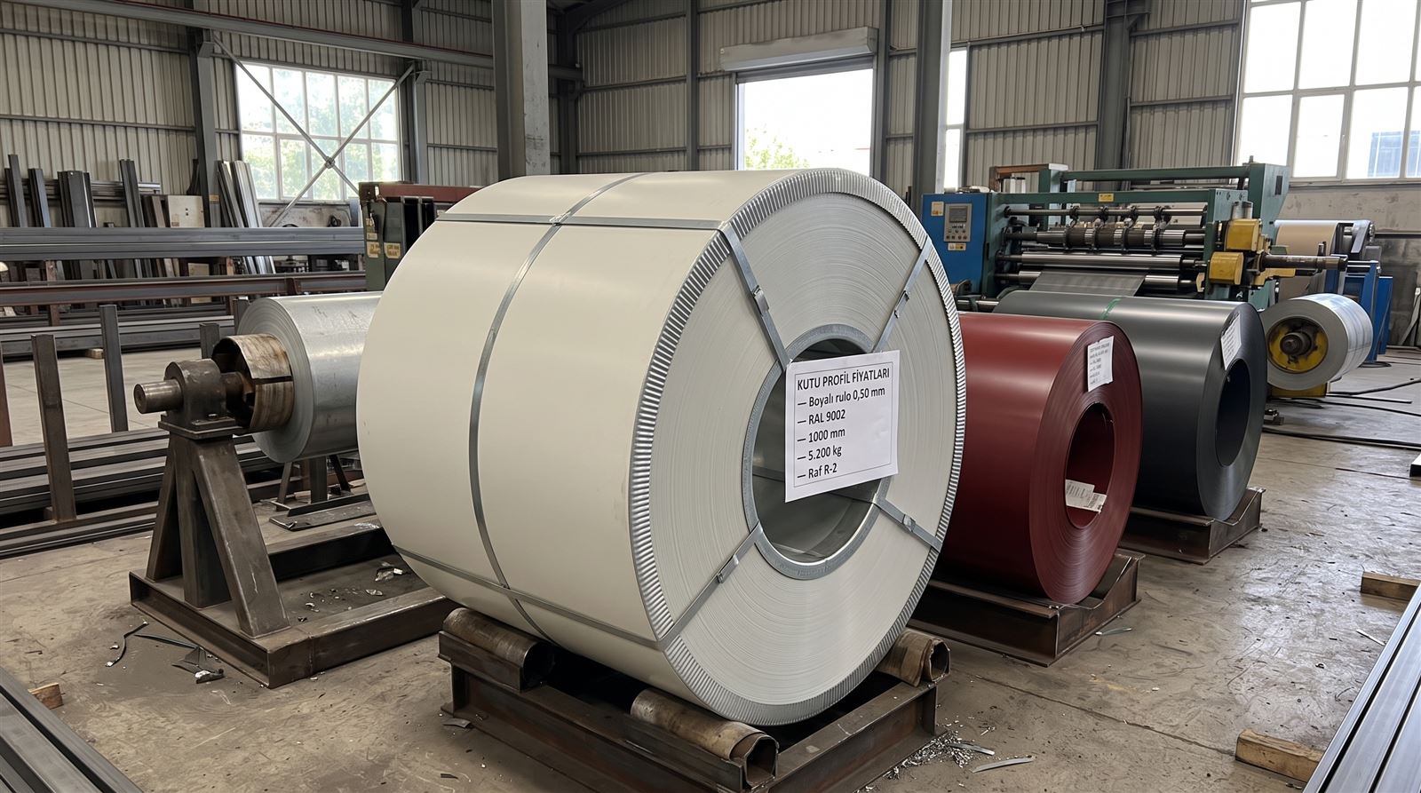 Boyalı galvaniz rulo sac RAL 9002, 0,50 mm, rulo sehpasında