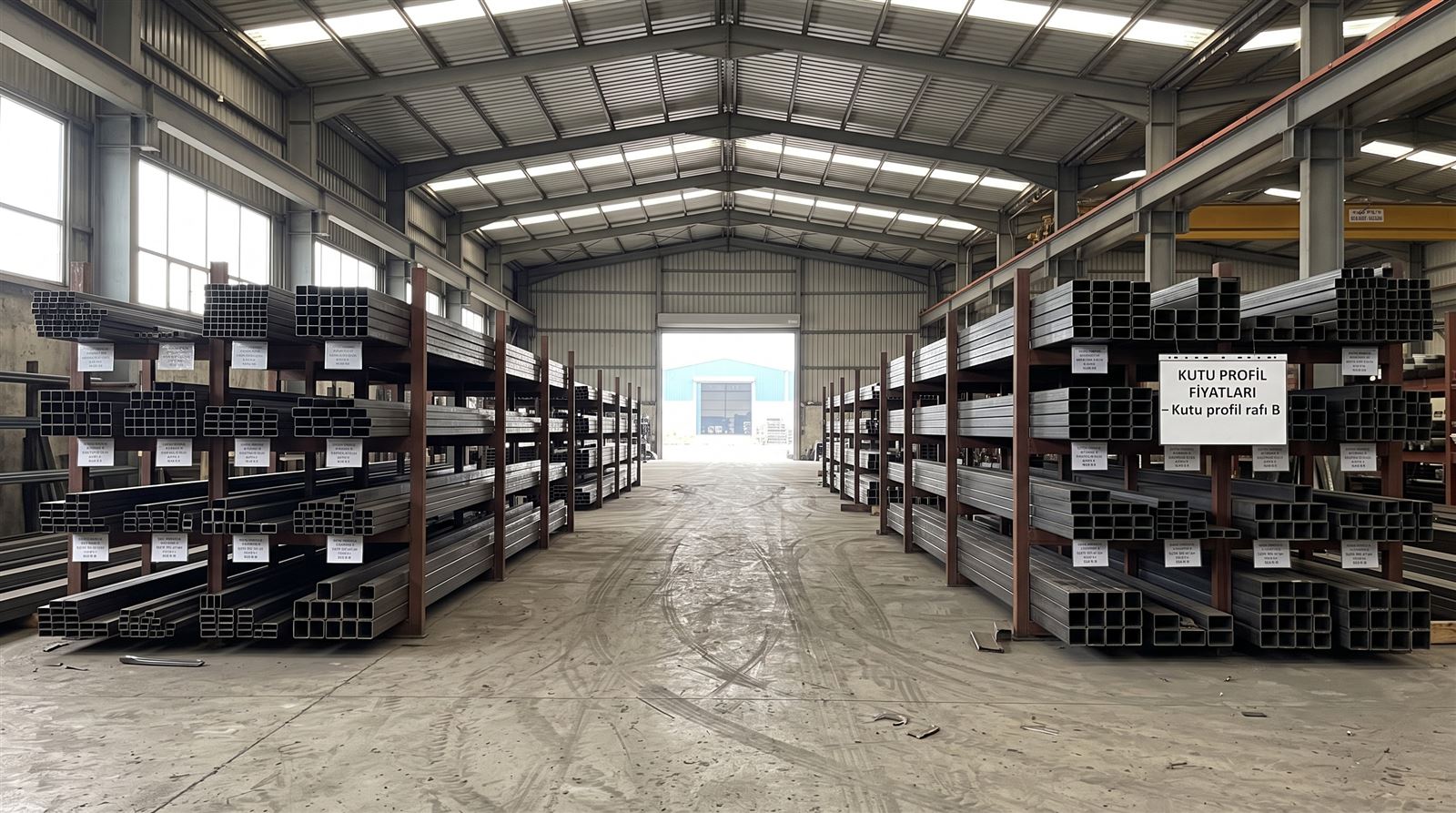 Kutu profil deposu raf koridoru, farklı ebatlarda siyah ve galvaniz profil paketleri