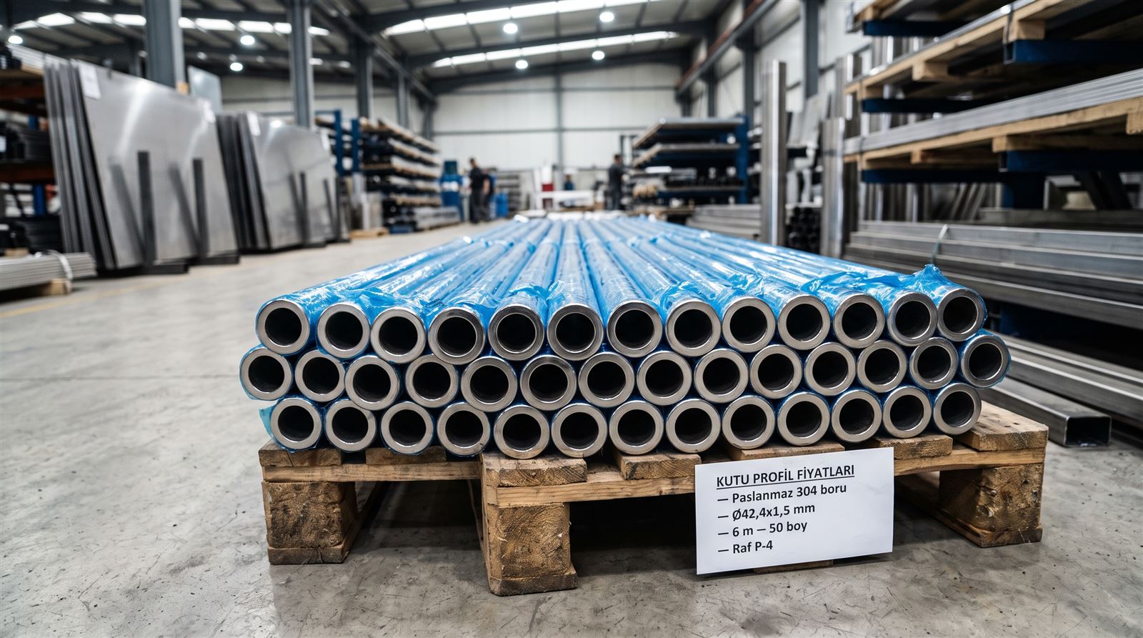 Paslanmaz 304 boru Ø42,4x1,5 mm demeti mavi koruyucu filmli, palet üstünde